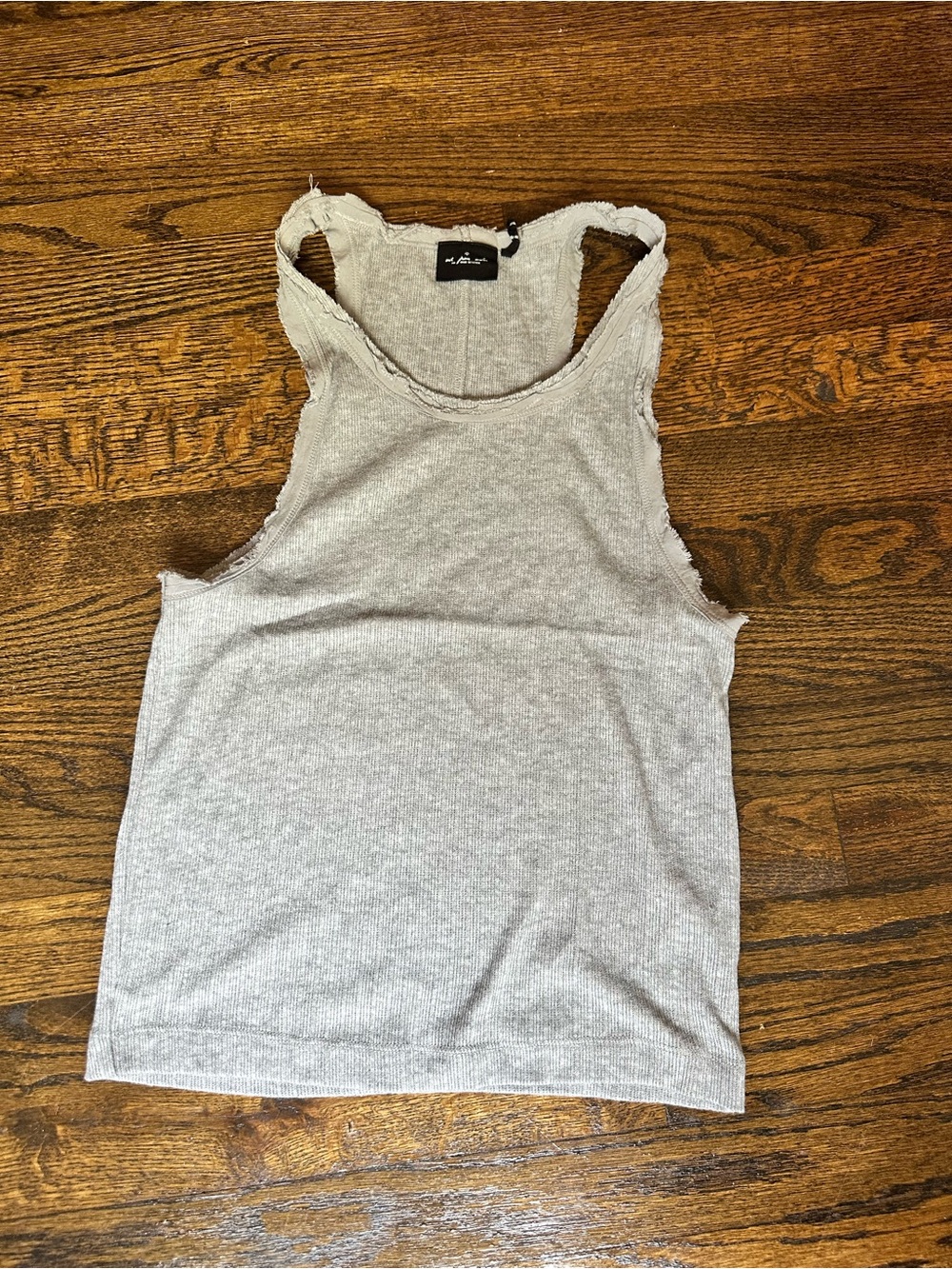 Grey racerback tank, raw edges distressed look, Size L